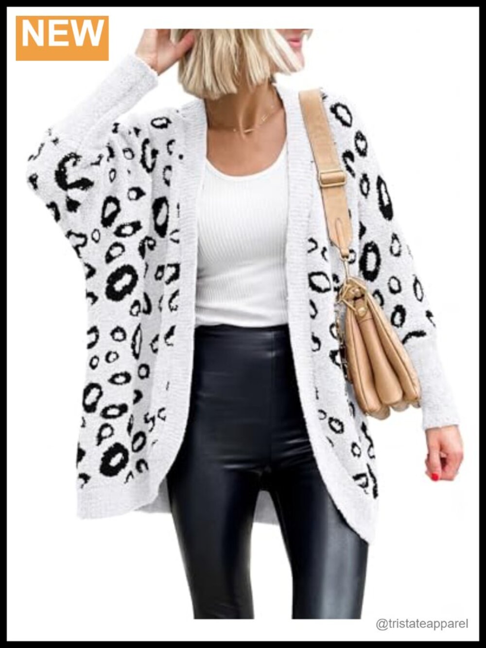 Women's Leopard Cardigan Knit Batwing Sleeve Open Front with Pockets